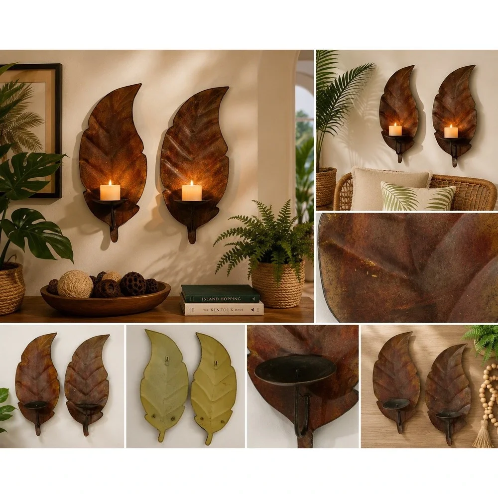 Vintage Metal Leaf Wall Sconces Set of 2 Copper Rust Finish Candle Holders 12in